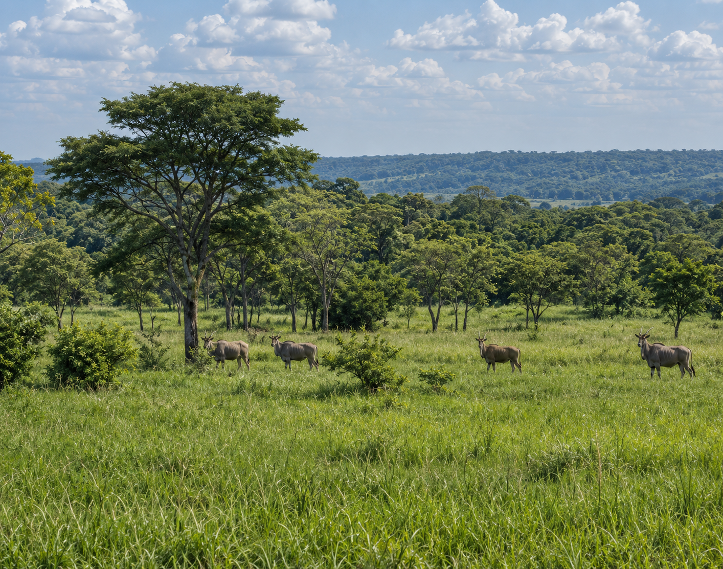 Eland herd moving across green grassland beneath a tall msasa tree