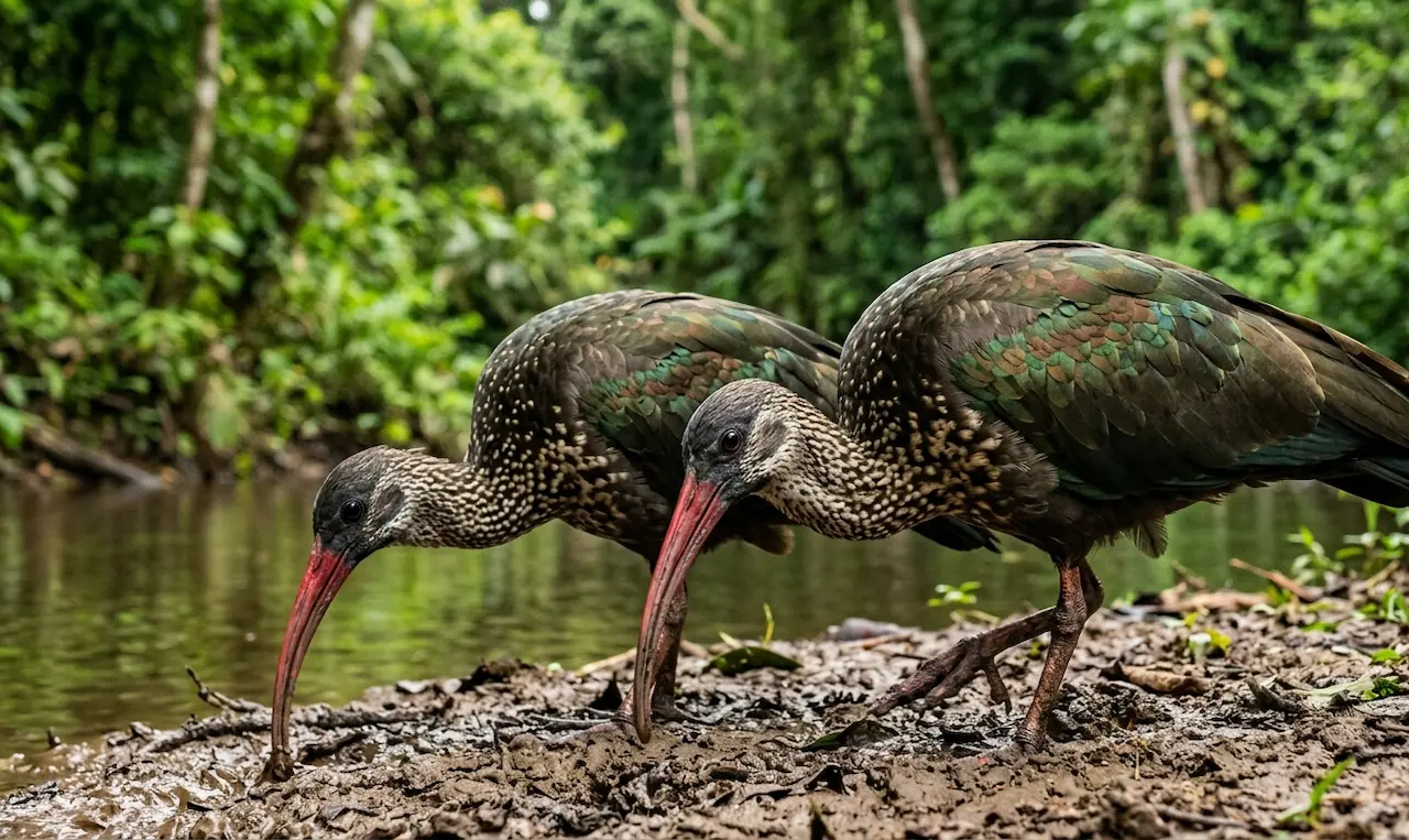 Spot-breasted Ibis foraging pair