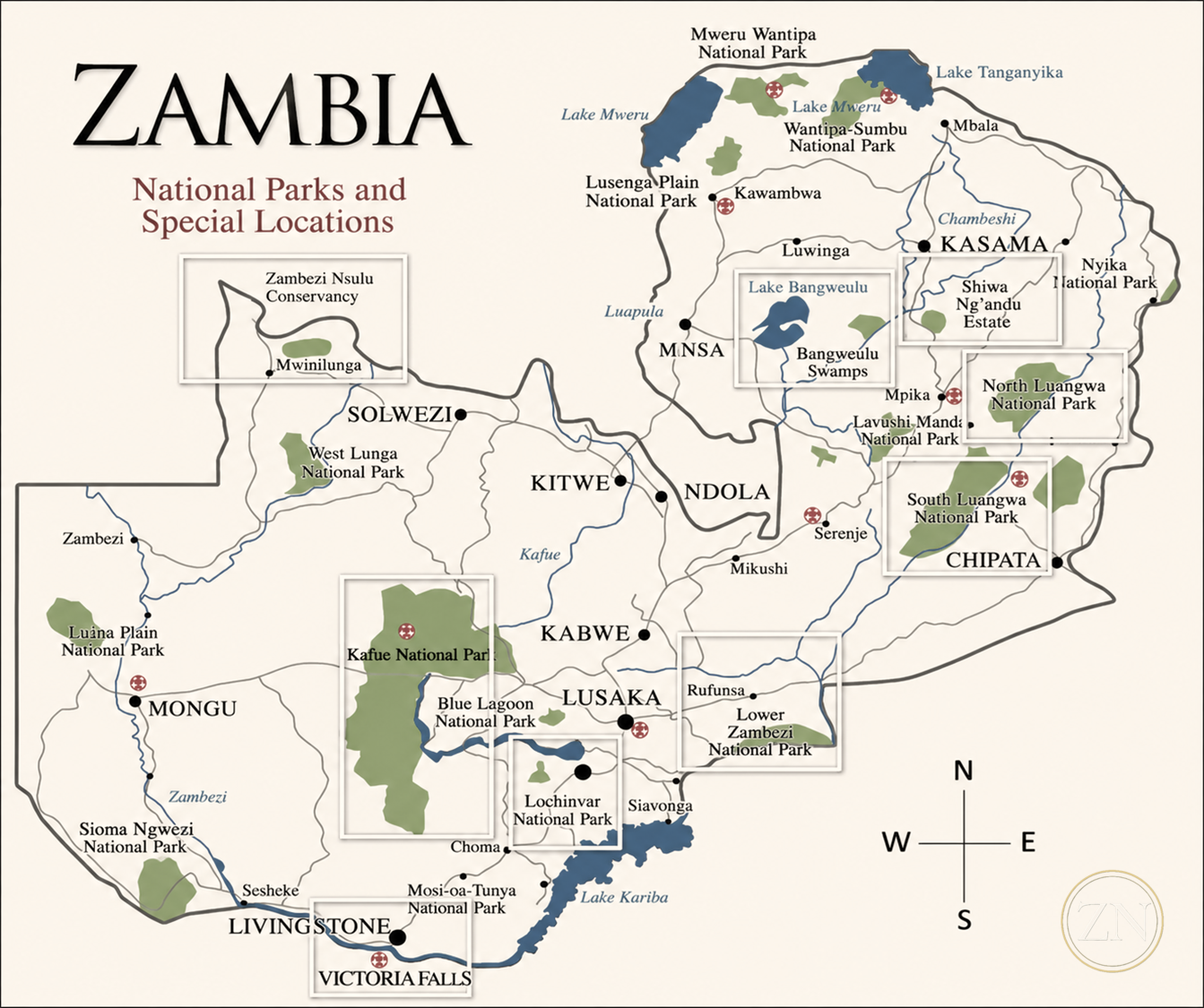 Map of Zambia showing the national parks and special locations, with Zambezi Nsulu Conservancy near Mwinilunga in the far north-west